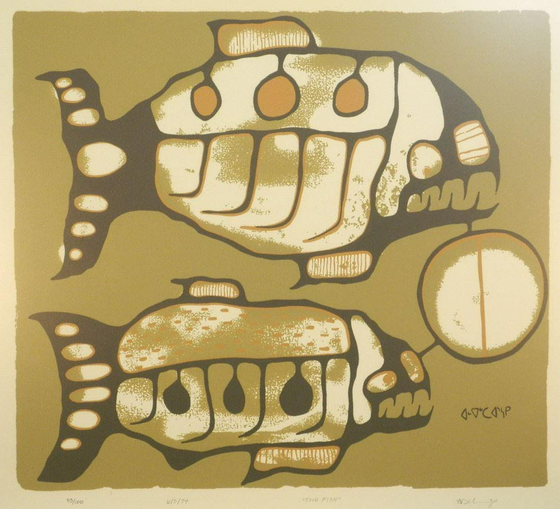 Serigraph Signed with Syllabics Blake Debassige, 19 1/2" x 25 1/2", "Two Fish". (1 of 3)