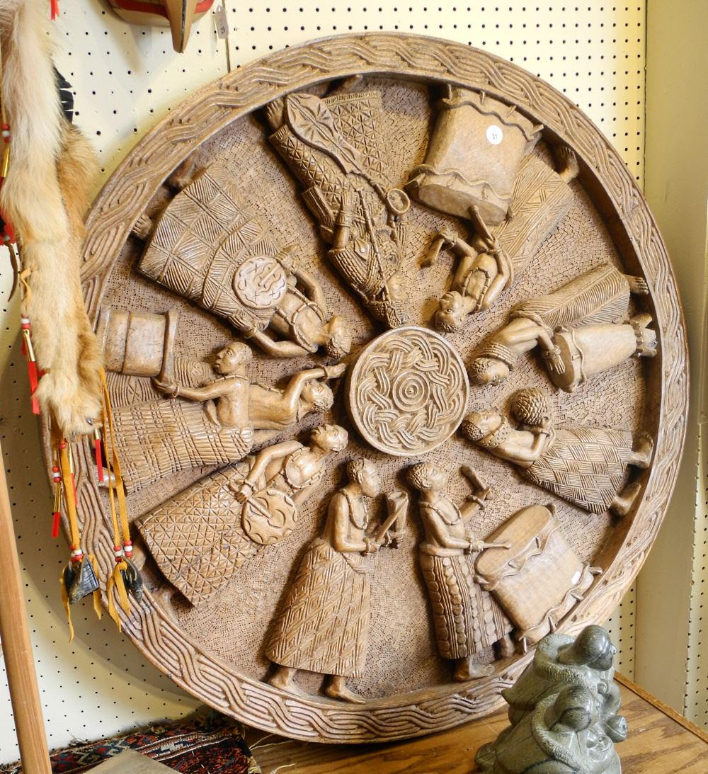 Nigerian Carved Wood Plaque Signed SEO Owie Benin City, 40 3/4"d. (1 of 2)