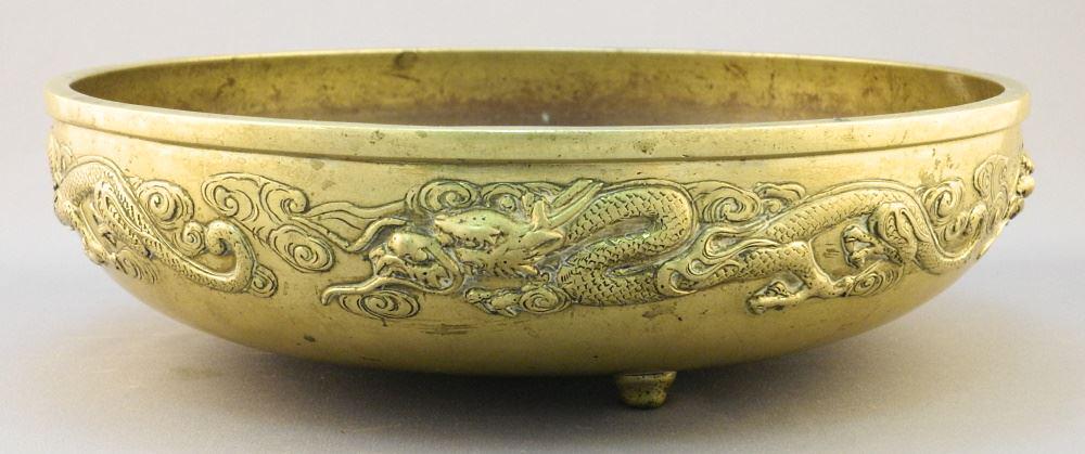 Chinese Bronze "Dragon" Low Bowl, 3 1/8" x 10 3/4" Diameter. (1 of 3)