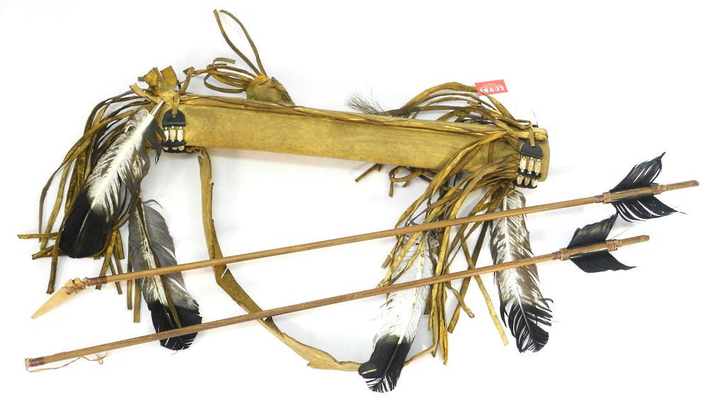 Tanned Hide Quiver & arrows, 18"l, Feathers Noted - No Export. (1 of 2)