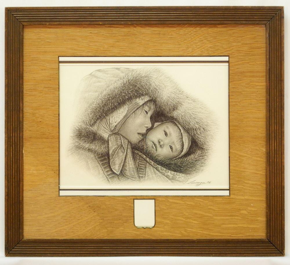 Charcoal Drawing Signed F. Lorenzo 76, 10 1/2" x 14", "Woman & Child". (1 of 3)