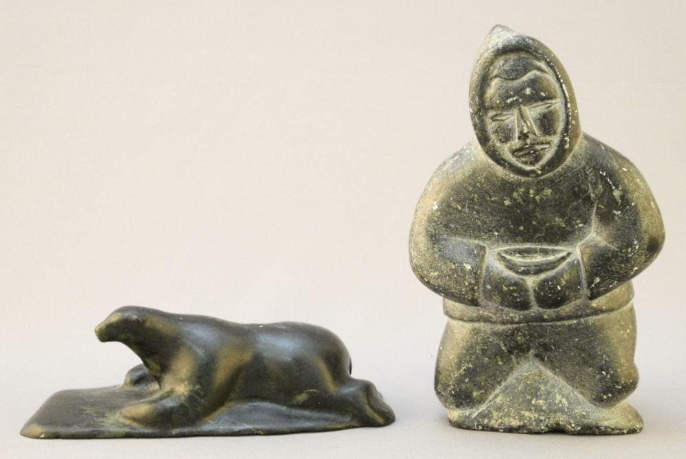 2 Inuit Stone Carvings: Figure Signed E9-1712 & Bear Signed with Syllabics 5 1/4"L. (1 of 5)