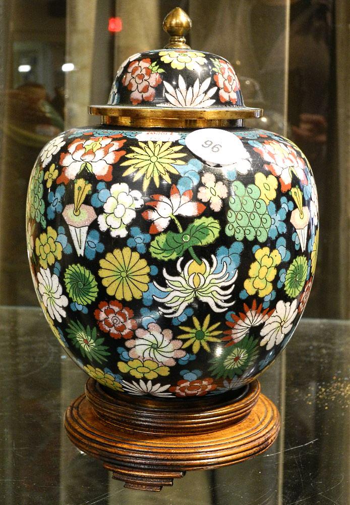 Chinese Cloisonne Covered Urn Marked China with Wood Stand. (1 of 5)