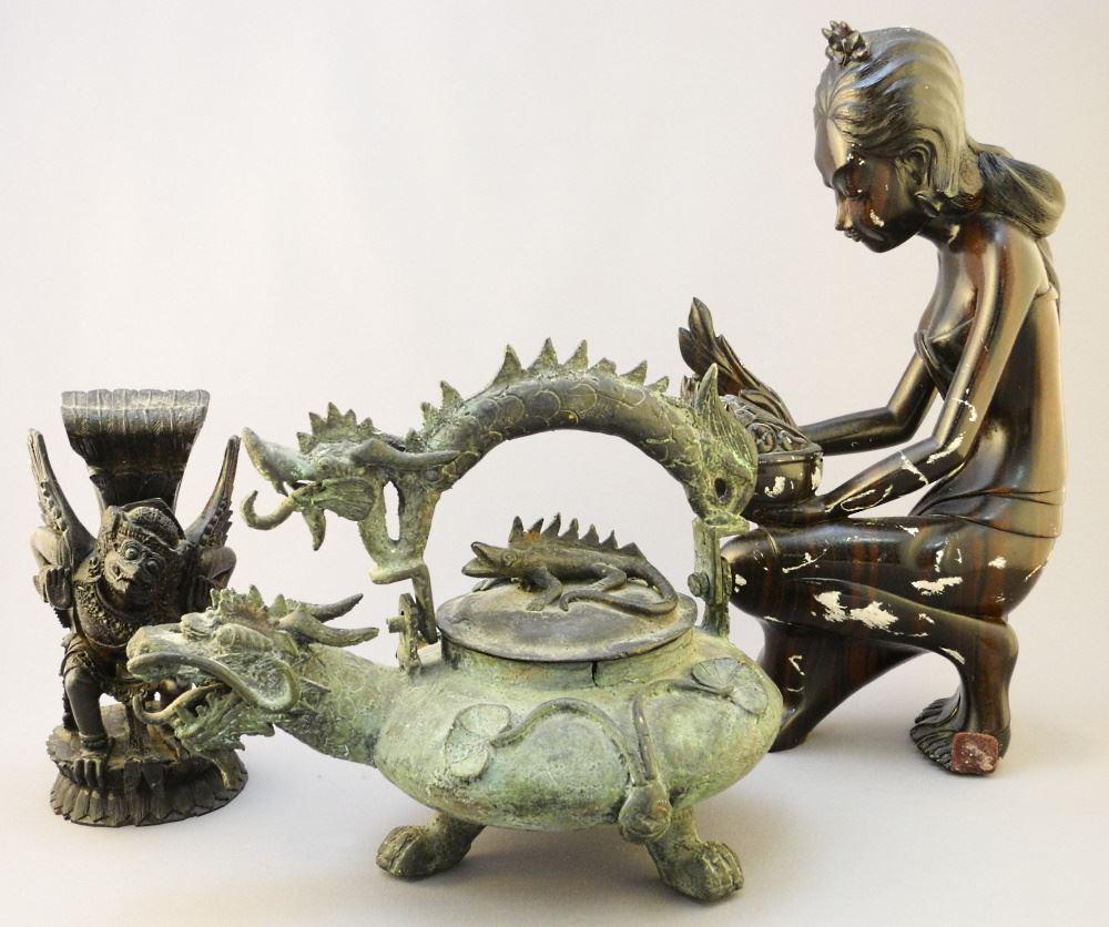 Burmese Bronze Kettle / Garuda Figure & Balinese Figure, Tallest 12"H.: Burmese Bronze Kettle / Garuda Figure & Balinese Figure, Tallest 12"H.