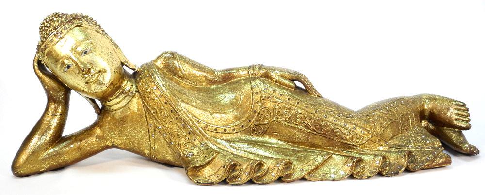 Gilt Carved Wood Reclining Buddha Figure, 30" Length.: Gilt Carved Wood Reclining Buddha Figure, 30" Length.