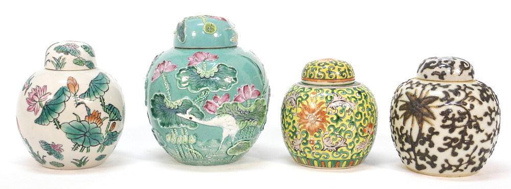 4 Chinese Porcelain Covered Jars, Decorated Variously 5 1/4"-7 1/2"H. (1 of 4)
