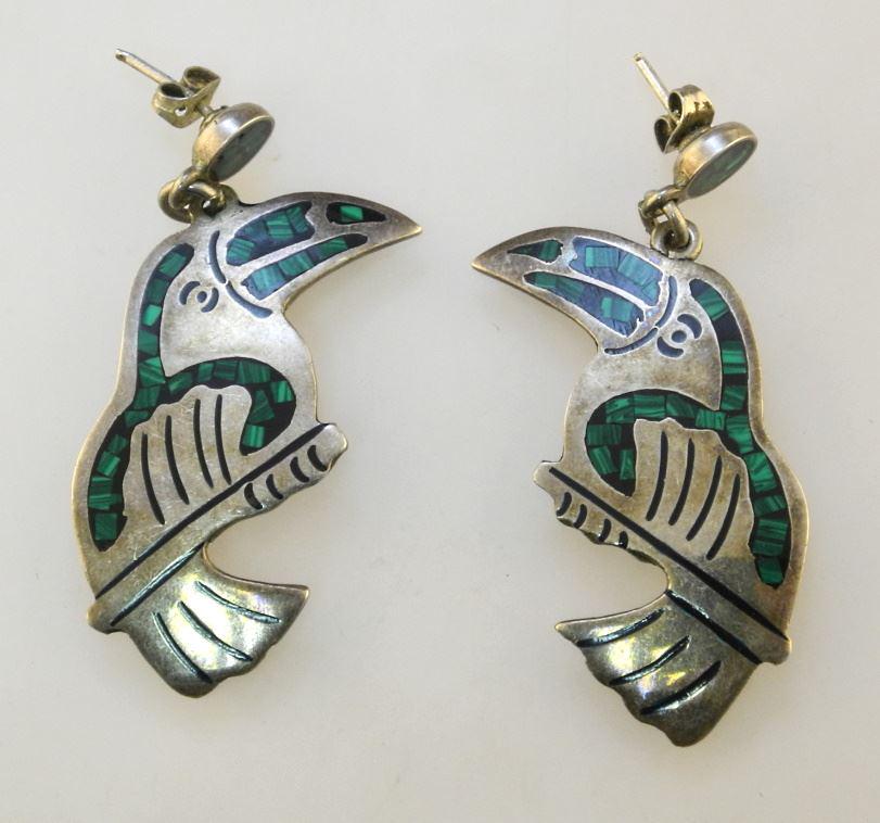 Pair of Mexican Sterling Silver (Marked) & Malachite "Toucan" Earrings: Pair of Mexican Sterling Silver (Marked) & Malachite "Toucan" Earrings