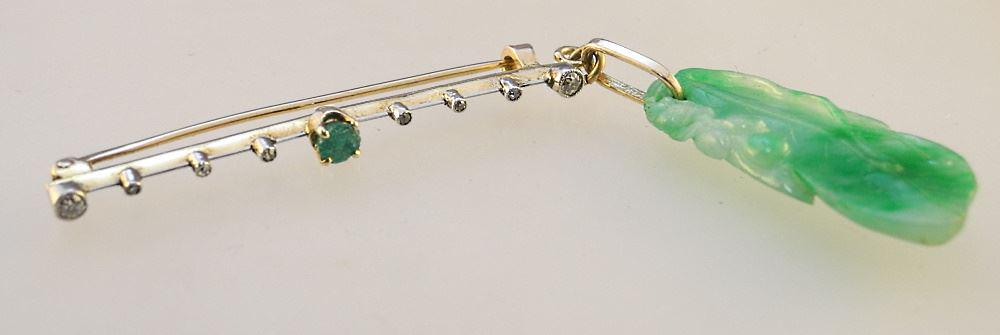 Unmarked Gold Tone Diamond & Emerald Bar Brooch with Jade Enhancer, TW:7.53 Grams. (1 of 7)
