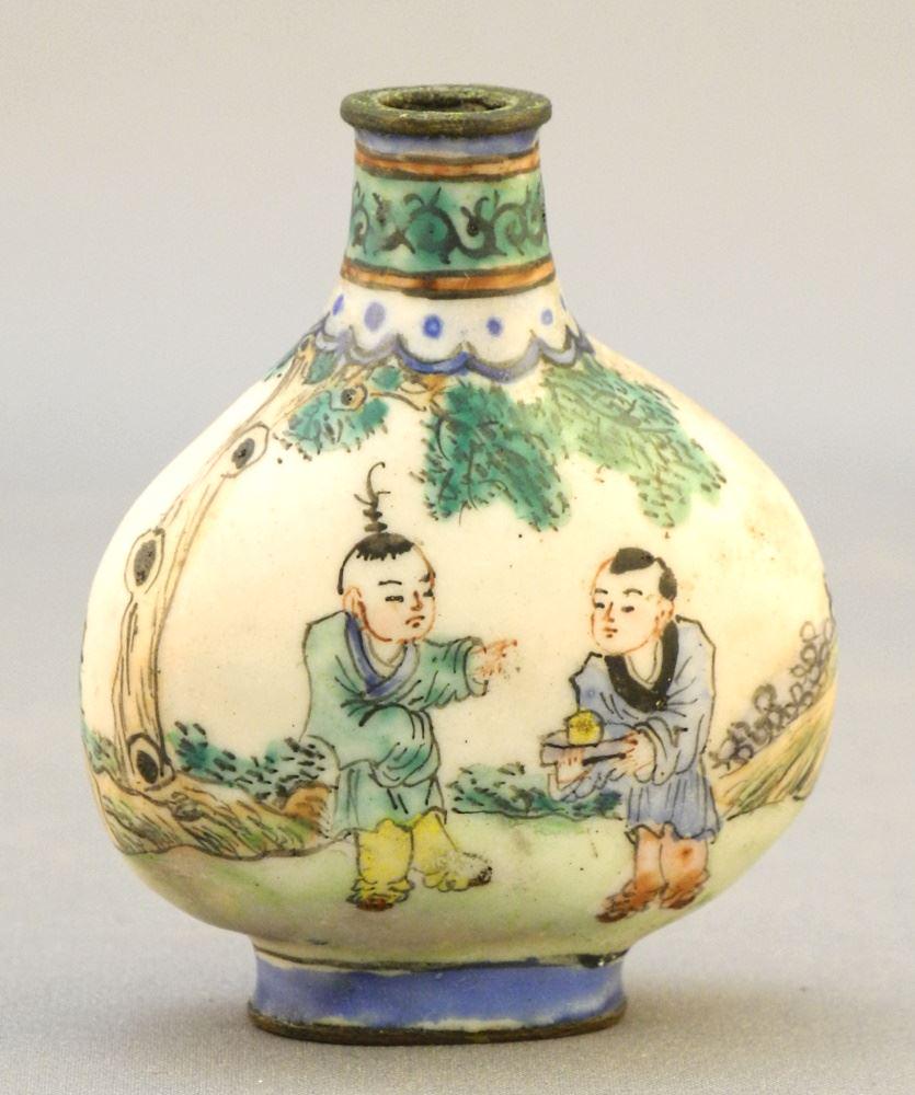 Chinese Canton Enamel "Boys" Snuff Bottle, No Stopper 2"H. (1 of 5)