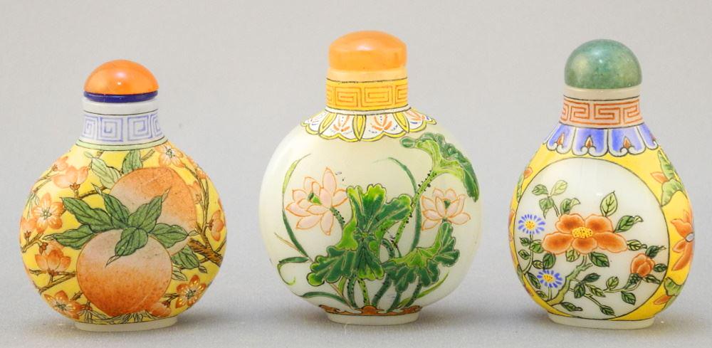 3 20th C. Chinese Enamelled Glass Snuff Bottles, 2 - 2 1/4"h. (1 of 3)