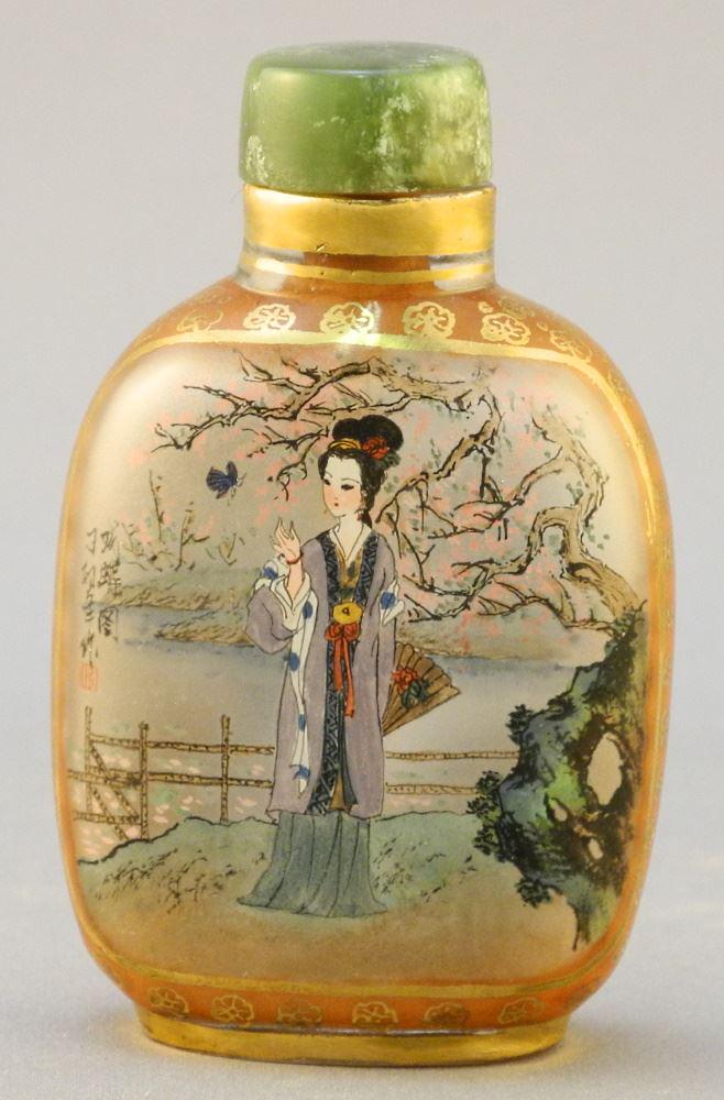 Gold Trim Painted Glass Snuff Bottle with inside painted Lady & Waterfall, 2 5/8".: Gold Trim Painted Glass Snuff Bottle with inside painted Lady & Waterfall, 2 5/8".
