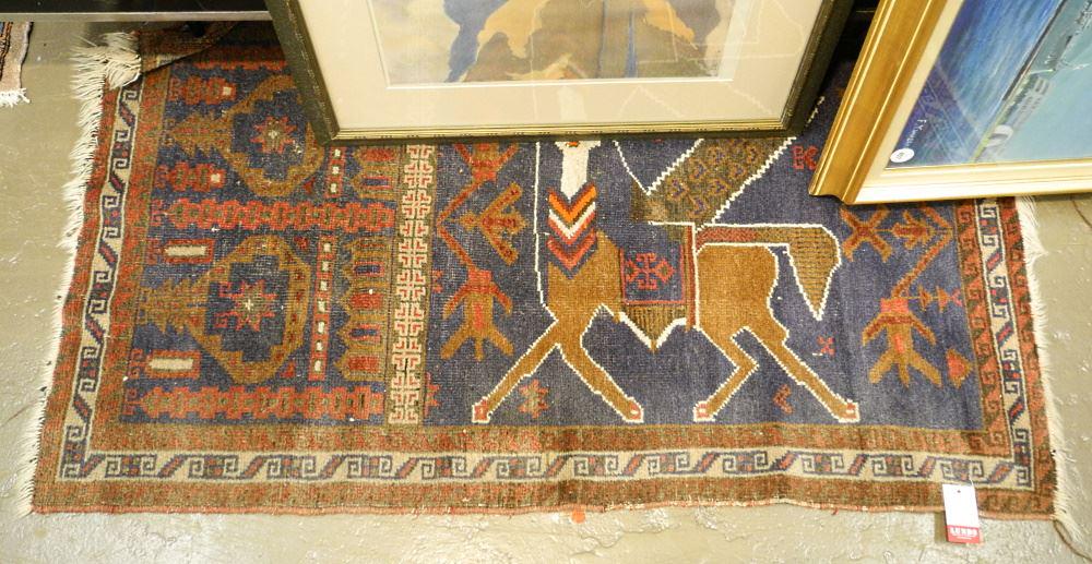 Iranian "Winged Lion" Wool Mat, 51" X 29" - worn.: Iranian "Winged Lion" Wool Mat, 51" X 29" - worn.
