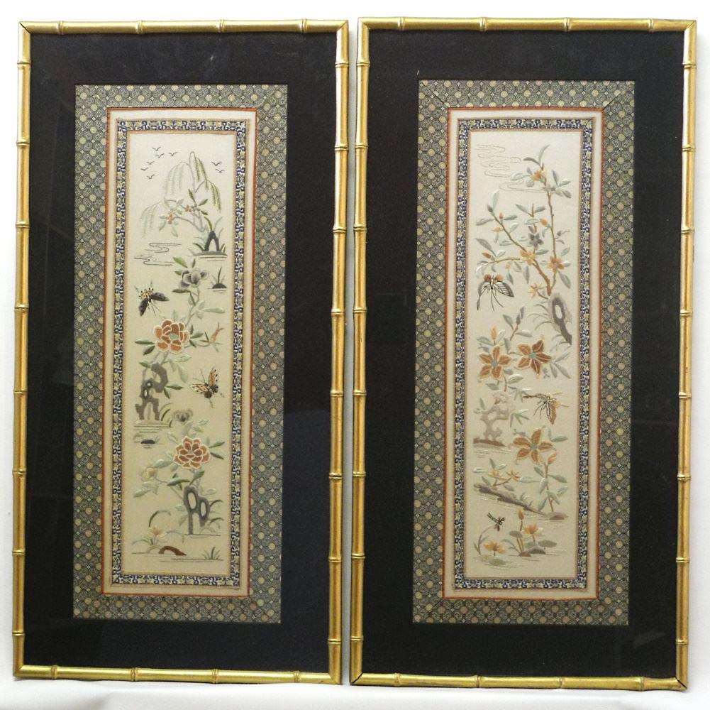 4 Chinese Silk Embroideries, Largest 22 3/4" x 8 1/4" framed. (1 of 2)