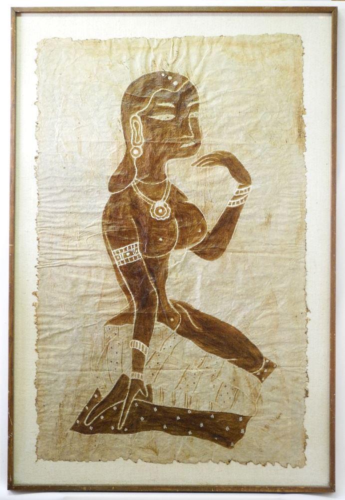 Southeast Asian Mixed Media, "Seated Lady" 41"X26".: Southeast Asian Mixed Media, "Seated Lady" 41"X26".