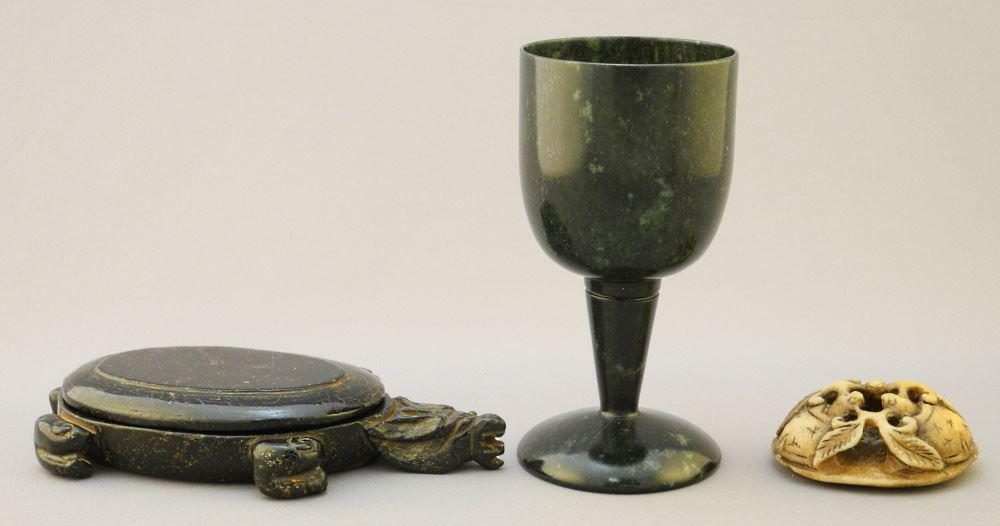 Dark green Jade Goblet (4 3/4") & Chinese Turtle Box & Soft Stone Okimono. (1 of 4)