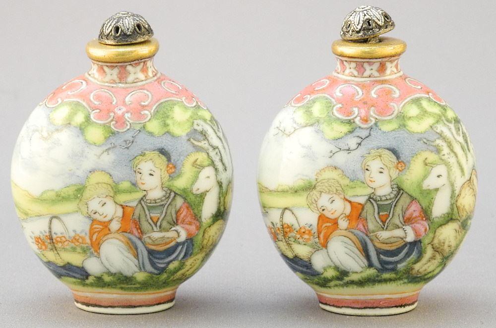 Pair of Chinese Porcelain Western Subject Snuff Bottle, 2 1/2" High.: Pair of Chinese Porcelain Western Subject Snuff Bottle, 2 1/2" High.