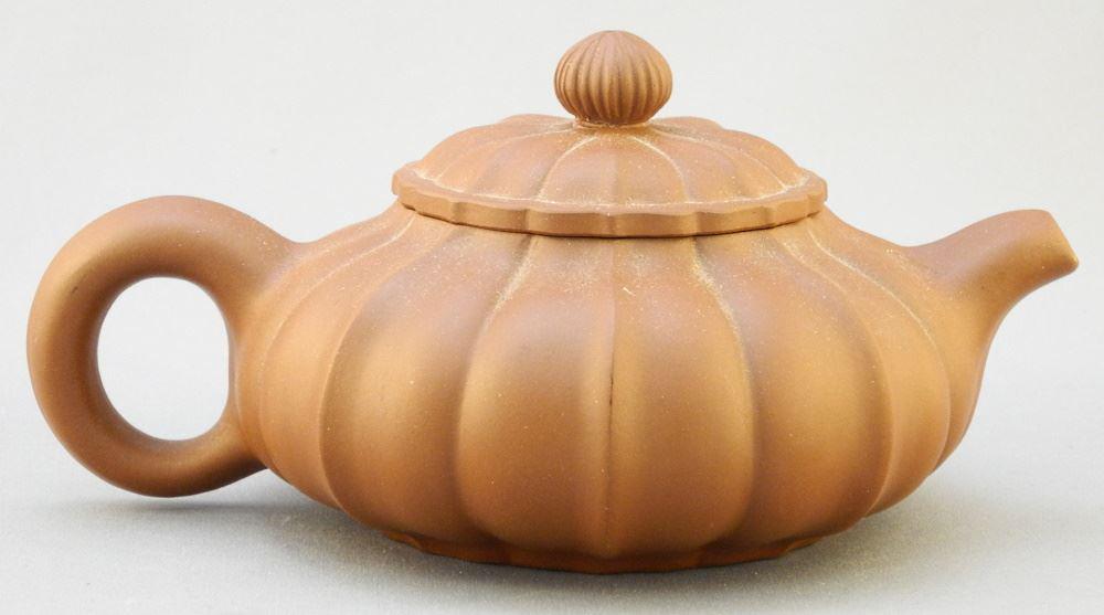 Yixing Ware Flattened Gourd-Form Teapot, 6 1/2" Length. (1 of 3)