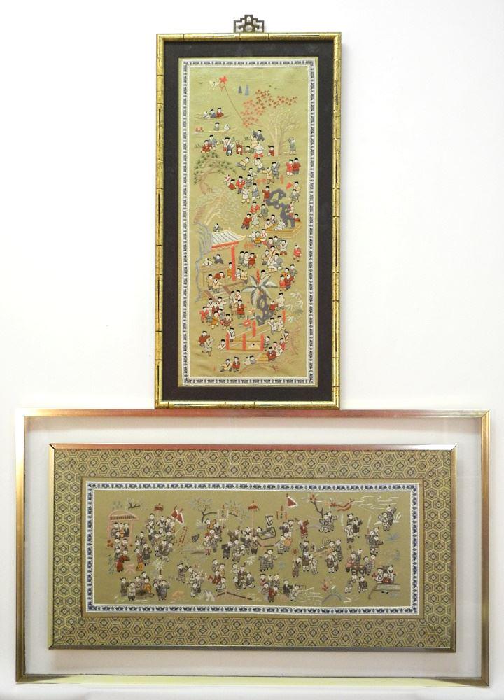 2 "100 Boys" Silk Embroideries, 21 1/4" x 8 1/2" framed.: 2 "100 Boys" Silk Embroideries, 21 1/4" x 8 1/2" framed.