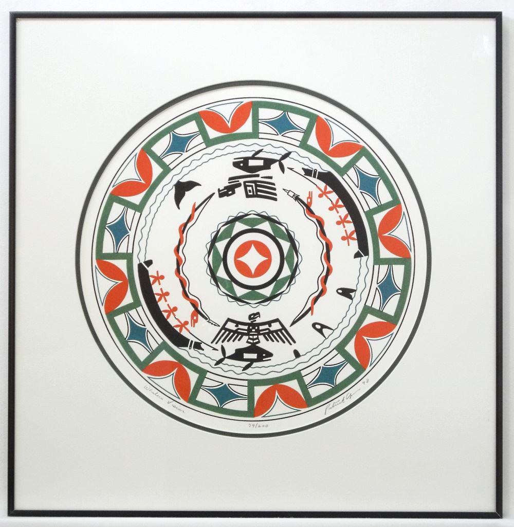 Nuu-Chah-Nulth Serigraph Signed Patrick Amos, 14 1/8" Diameter, "Whalers Vision". (1 of 4)