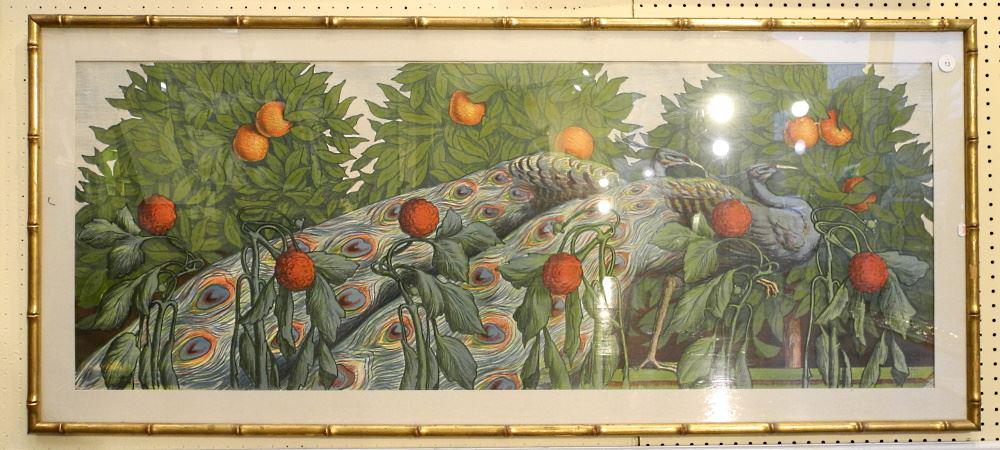 Alfred Mueller Peacock Lithograph, 22" x 58". (1 of 2)