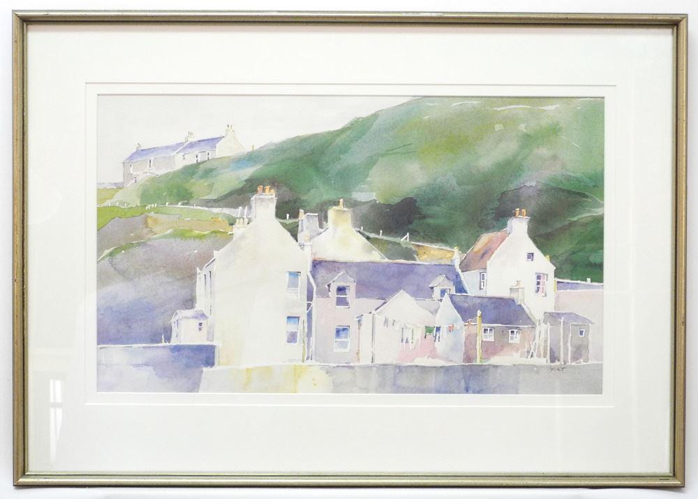 Watercolour Signed Sheena Lott, 13 3/8" x 22 1/2", "Pennan Scotland".: Watercolour Signed Sheena Lott, 13 3/8" x 22 1/2", "Pennan Scotland".