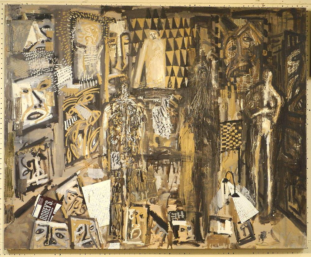 Oil on canvas signed inverso (Abe) Murley, 48" x 60", "Studio Visit; Kat's Studio".: Oil on canvas signed inverso (Abe) Murley, 48" x 60", "Studio Visit; Kat's Studio".