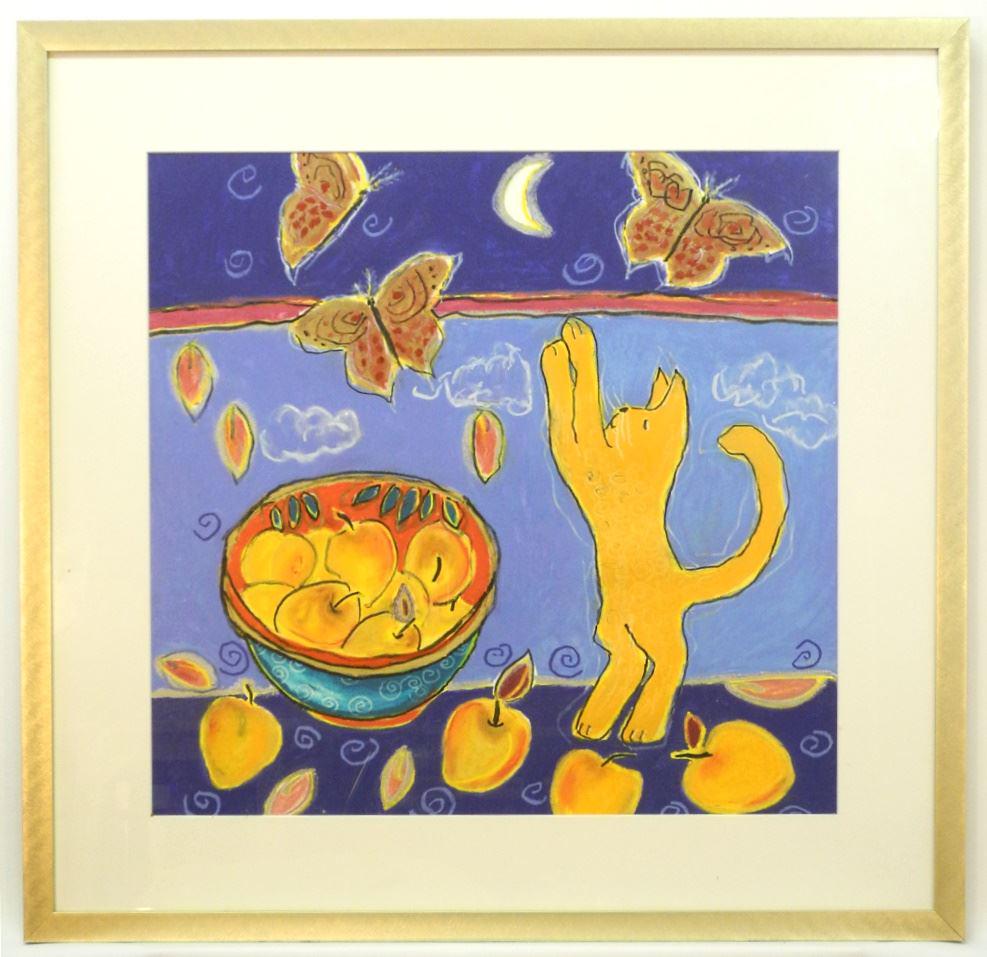 Mixed Media signed Wendy Picken, 26" x 25", "Morning Moon (Cat)".: Mixed Media signed Wendy Picken, 26" x 25", "Morning Moon (Cat)".