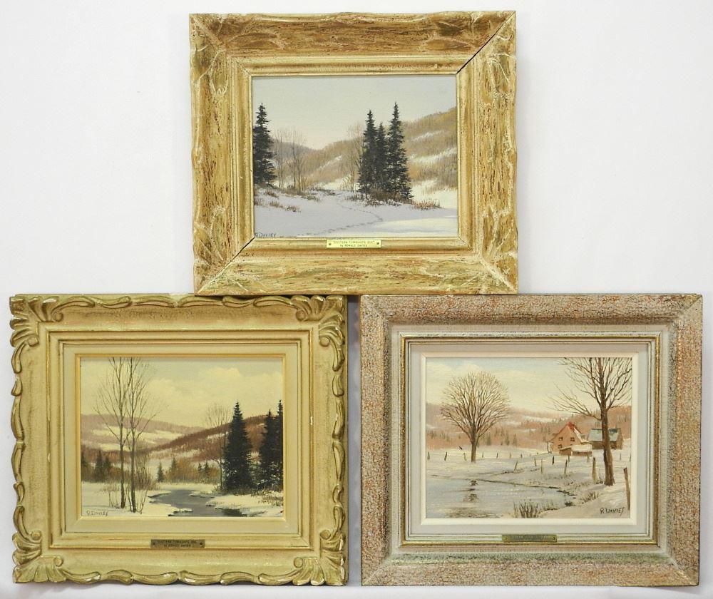 3 Oil on Board Signed R.(Ronald) Davies, 8" x 10","Quebec Township Scenes".: 3 Oil on Board Signed R.(Ronald) Davies, 8" x 10","Quebec Township Scenes".