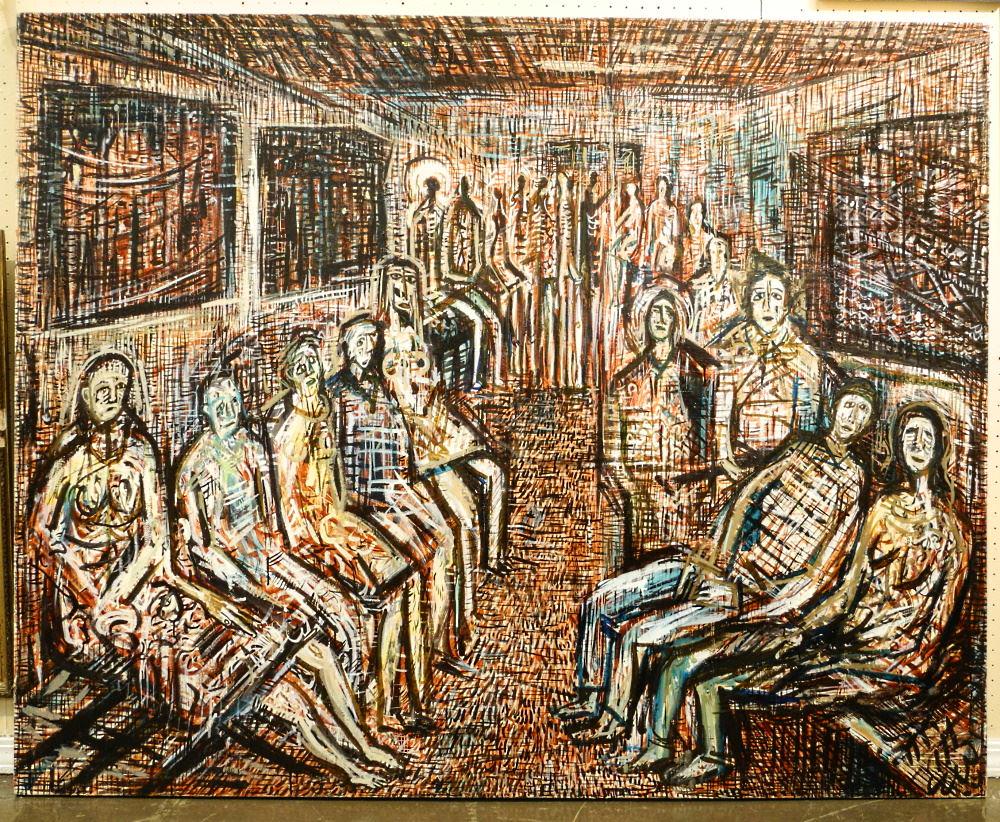 Oil on canvas signed inverso Abe Murley, 48" x 60", "The Bus".: Oil on canvas signed inverso Abe Murley, 48" x 60", "The Bus".