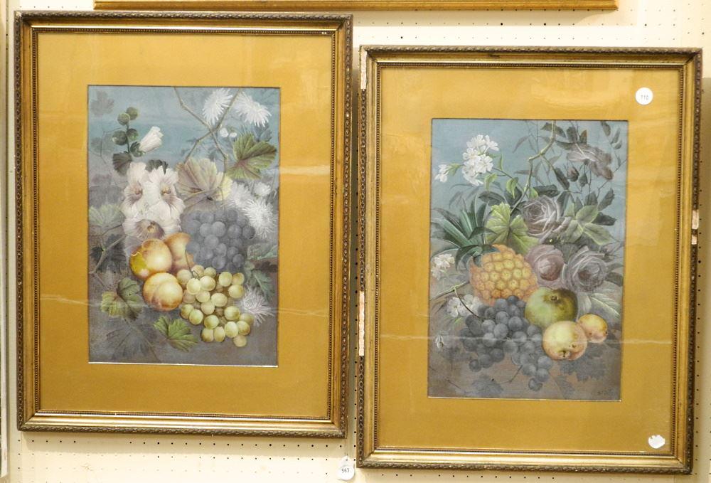 Pair of Paintings on Board Signed E. Steele, 19 1/2" x 13 1/2", "Still Life Fruit". (1 of 3)