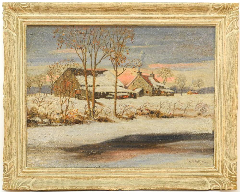 Oil on Linen Signed A.M. (Albert Mead) Pattison, 18" x 24", "Farm & Barn - Que.": Oil on Linen Signed A.M. (Albert Mead) Pattison, 18" x 24", "Farm & Barn - Que."