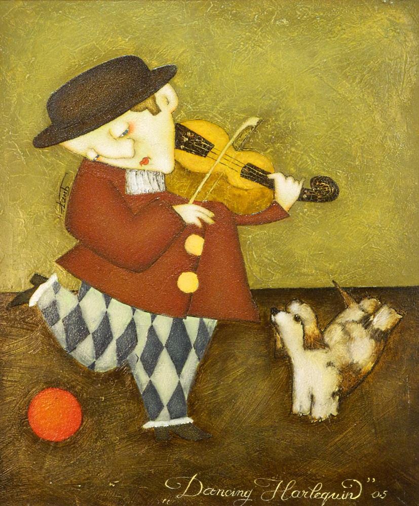 Mixed Media on Board Signed S. (Stephen) Lamb, 24" x 29", "Dancing Harlequin".: Mixed Media on Board Signed S. (Stephen) Lamb, 24" x 29", "Dancing Harlequin".