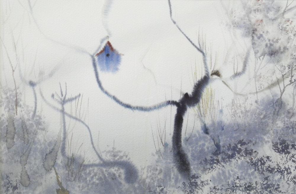 Watercolour signed Stephanie Quainton Steele, 13 1/4" x 20 1/4", "Landscape with Birdhouse" (1 of 4)