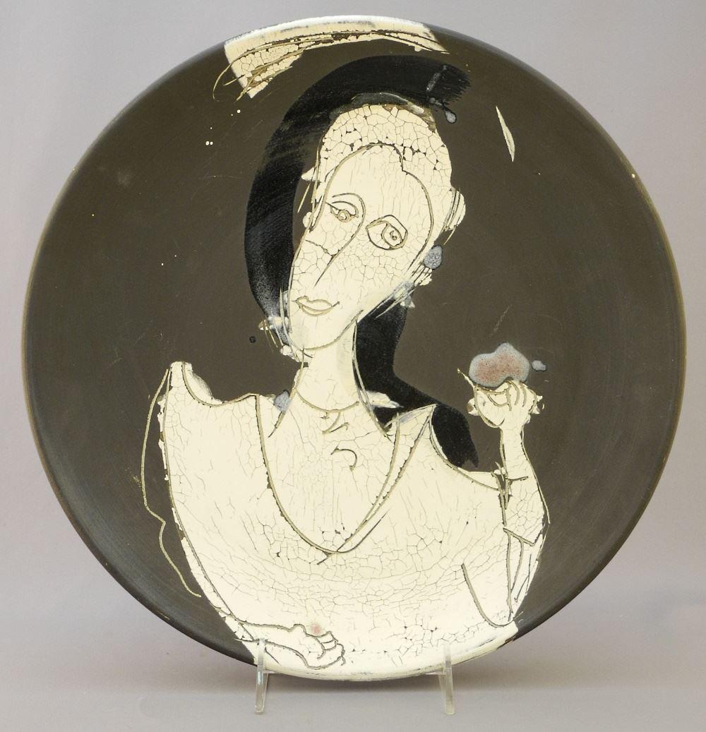 Stoneware Dish Signed (Walter) Dexter, 13 3/4" Diameter, "Portrait Dish" (1 of 7)