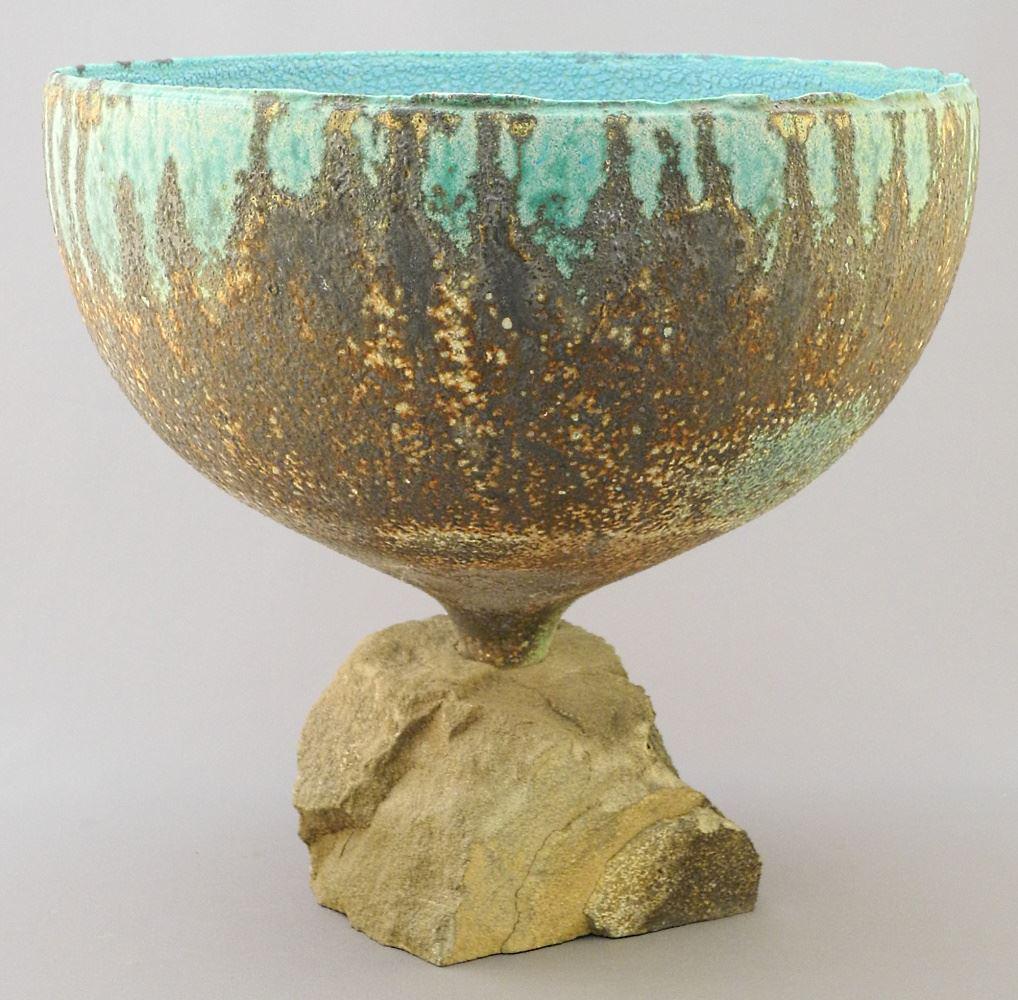 Ceramic Bowl on Stone Base Signed M (Mary) Fox, 9 1/2" x 10 3/4". (1 of 6)