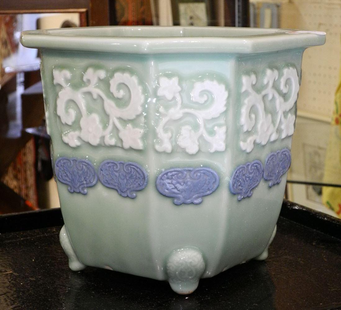 Molded Celadon Porcelain Jardiniere With Blue Lappets, 8 1/2".: Molded Celadon Porcelain Jardiniere With Blue Lappets, 8 1/2".