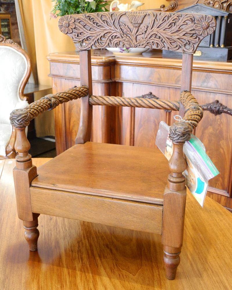 Child's Chair Carved on "Harpooner" Scotland to Sooke 1849, 19 1/4.: Child's Chair Carved on "Harpooner" Scotland to Sooke 1849, 19 1/4.