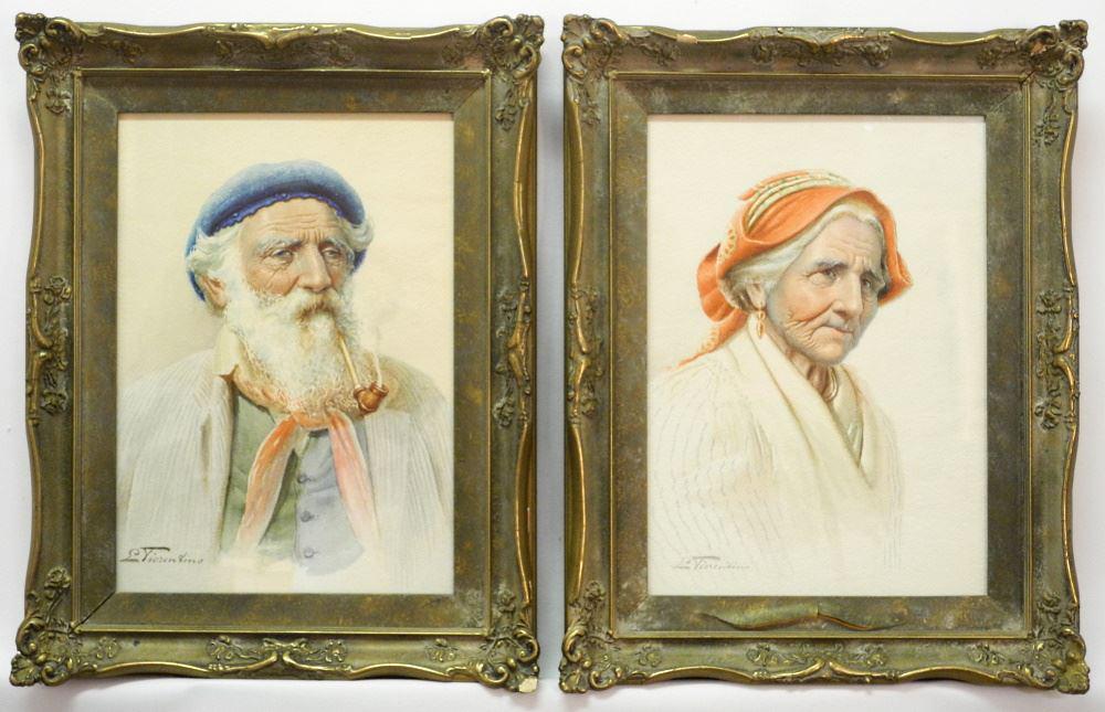 Pair of Watercolours signed E (Edoardo) Tiorentino, 13 1/2" x 9 1/2", "Character Studies (1 of 8)