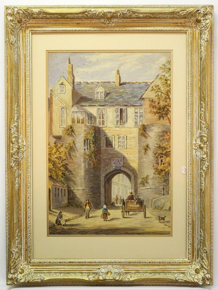 Watercolor, G. DeGruchy, 20 1/2" X 13 3/4", "Fortified Gate".: Watercolor, G. DeGruchy, 20 1/2" X 13 3/4", "Fortified Gate".