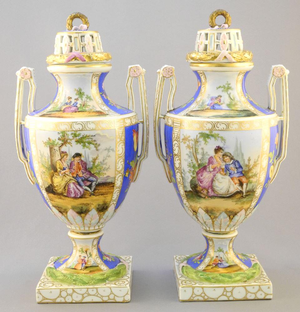 Pair of German Porcelain Handled Urns, 12 1/2" H. (1 of 6)