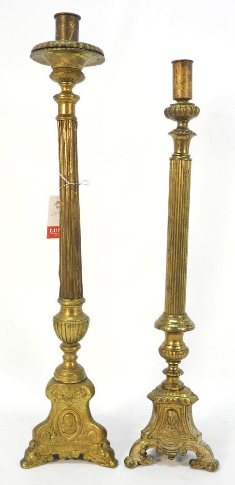 Pair of Cast Brass Ecclesiastical- Style Candlesticks, 26" High. (1 of 4)