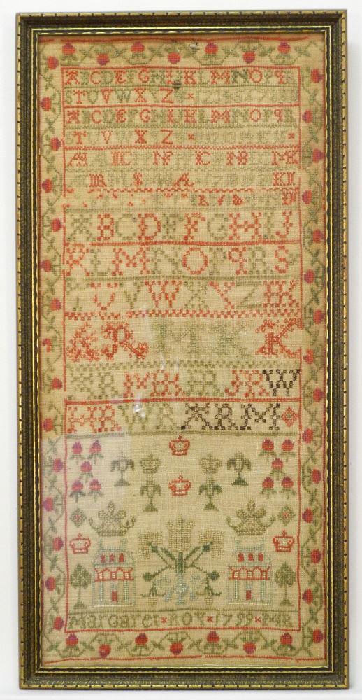 Sampler signed Margaret Roy 1799, 22" X 10".: Sampler signed Margaret Roy 1799, 22" X 10".