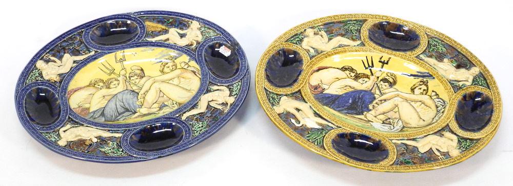 Two Italian Majolica Pictorial Dishes, 14 3/8" & 15" Wide, One Chipped. (1 of 4)