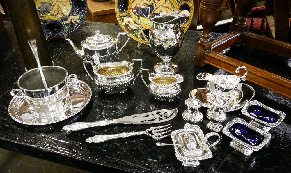 Collection of Silver Plated Hollow & Table Wares: Tea & Utensils. (1 of 3)