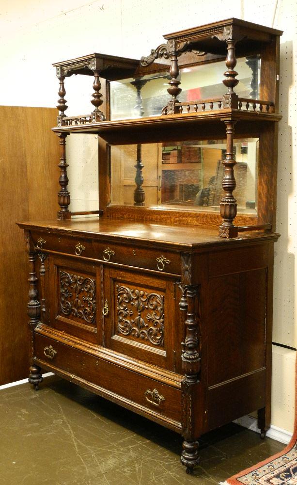 Oak Sideboard with Mirrored Back 74" X 54". (1 of 4)