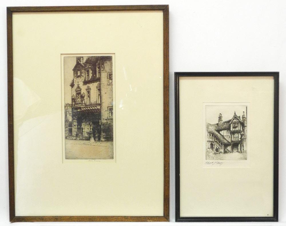 2 Etchings: E.J.Cherry "Shakespeare Land" & James Thomson "Facade", largest 10" x 4 3/4". (1 of 7)