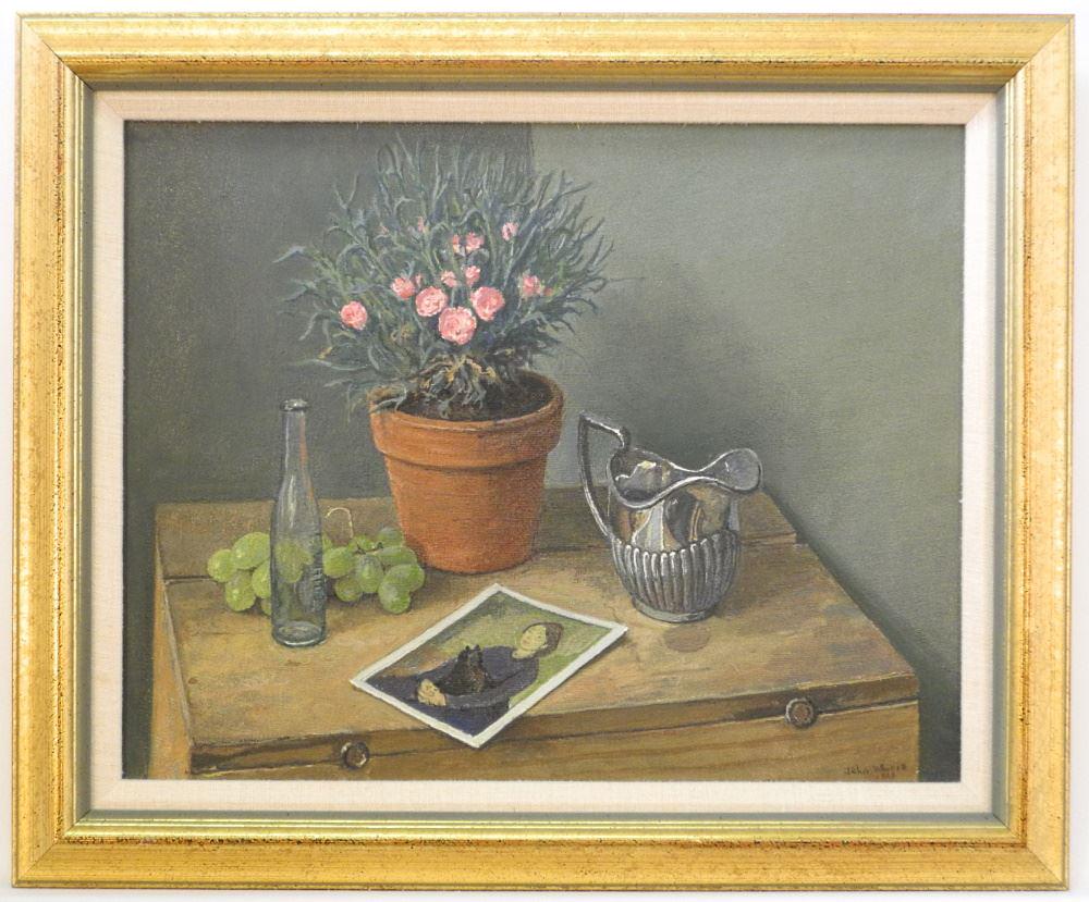 Oil on Board Signed John Whittall, 11 7/8" x 15", "Still Life with Potted Plant". (1 of 4)