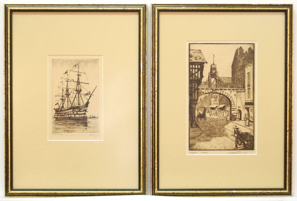 2 Etchings "Victory" by A. Simes, 6 1/4 X 4", Water Tower, 8 1/4" X 5 1/8" by Cherry.: 2 Etchings "Victory" by A. Simes, 6 1/4 X 4", Water Tower, 8 1/4" X 5 1/8" by Cherry.