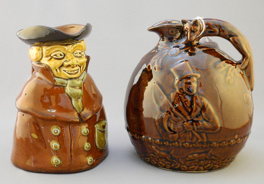Rockingham Whiskey Jug & Toby Jug, 7 1/4" & 7 1/2".: Rockingham Whiskey Jug & Toby Jug, 7 1/4" & 7 1/2".