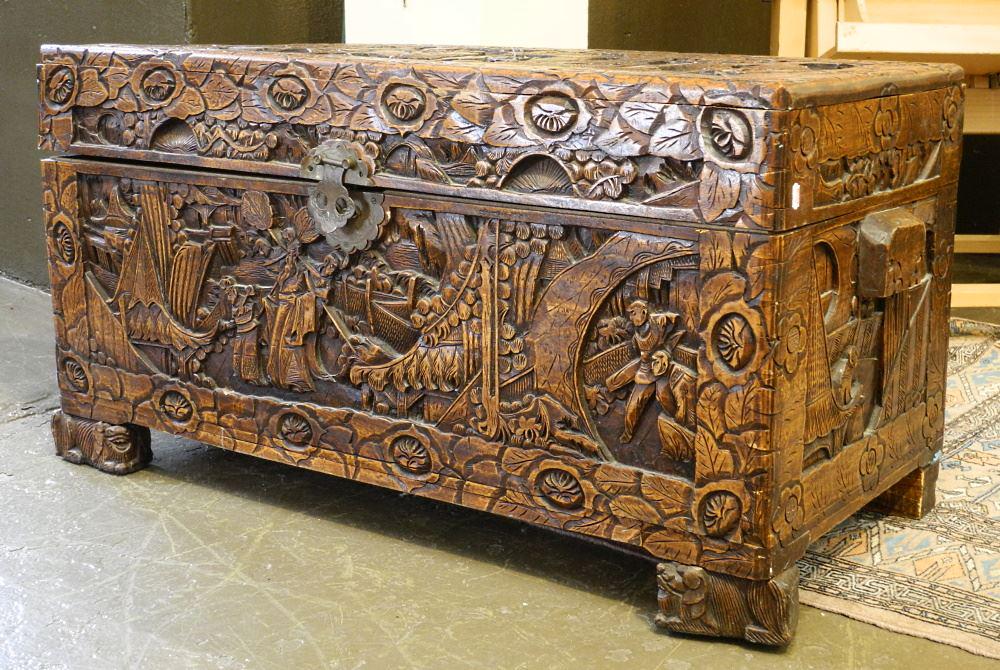 Asian Carved Camphorwood Chest, 39" wide. (1 of 4)